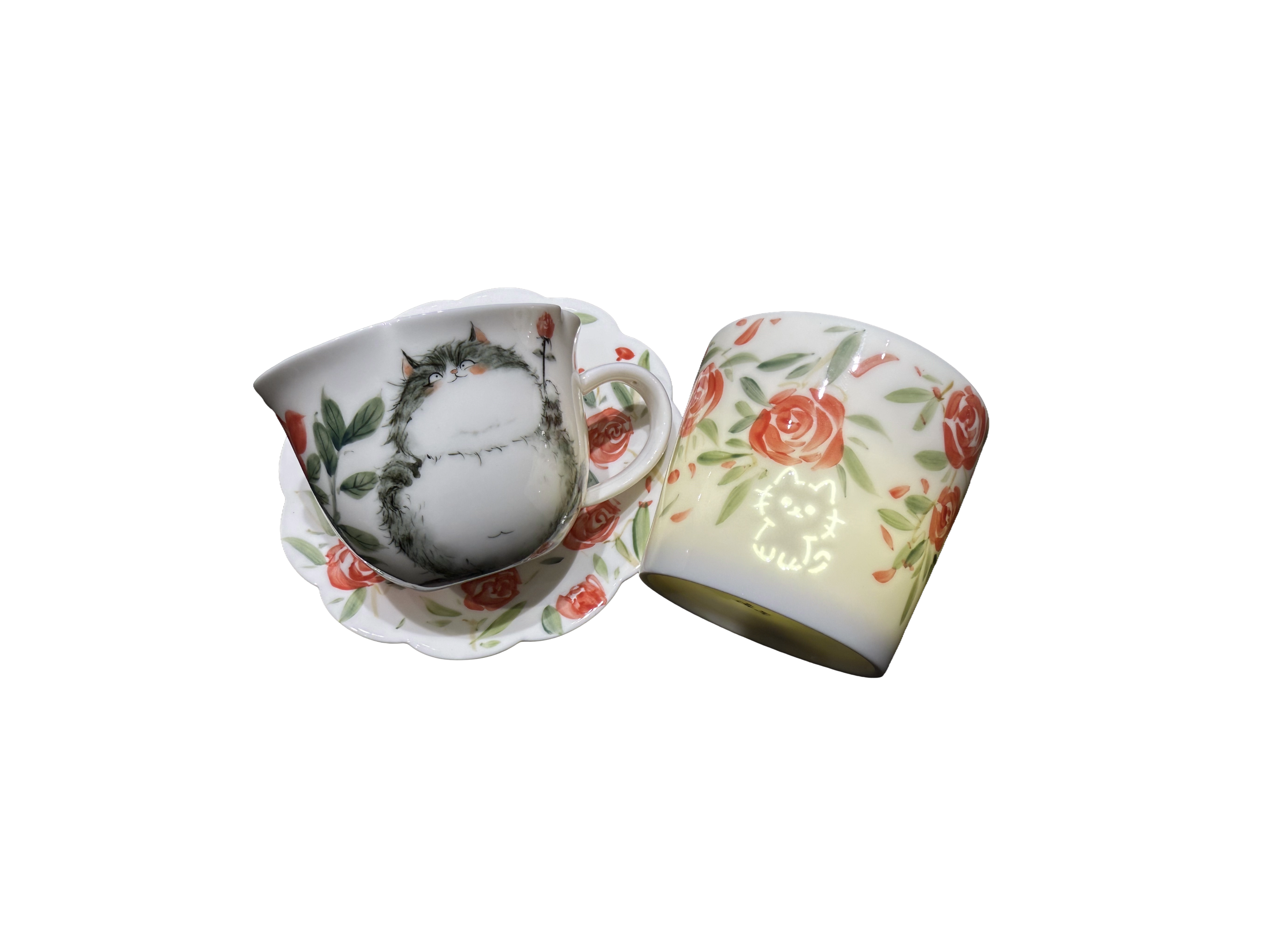Tasse en porcelaine Rose ancienne avec portrait d’animal peint à la main et soucoupe assortie